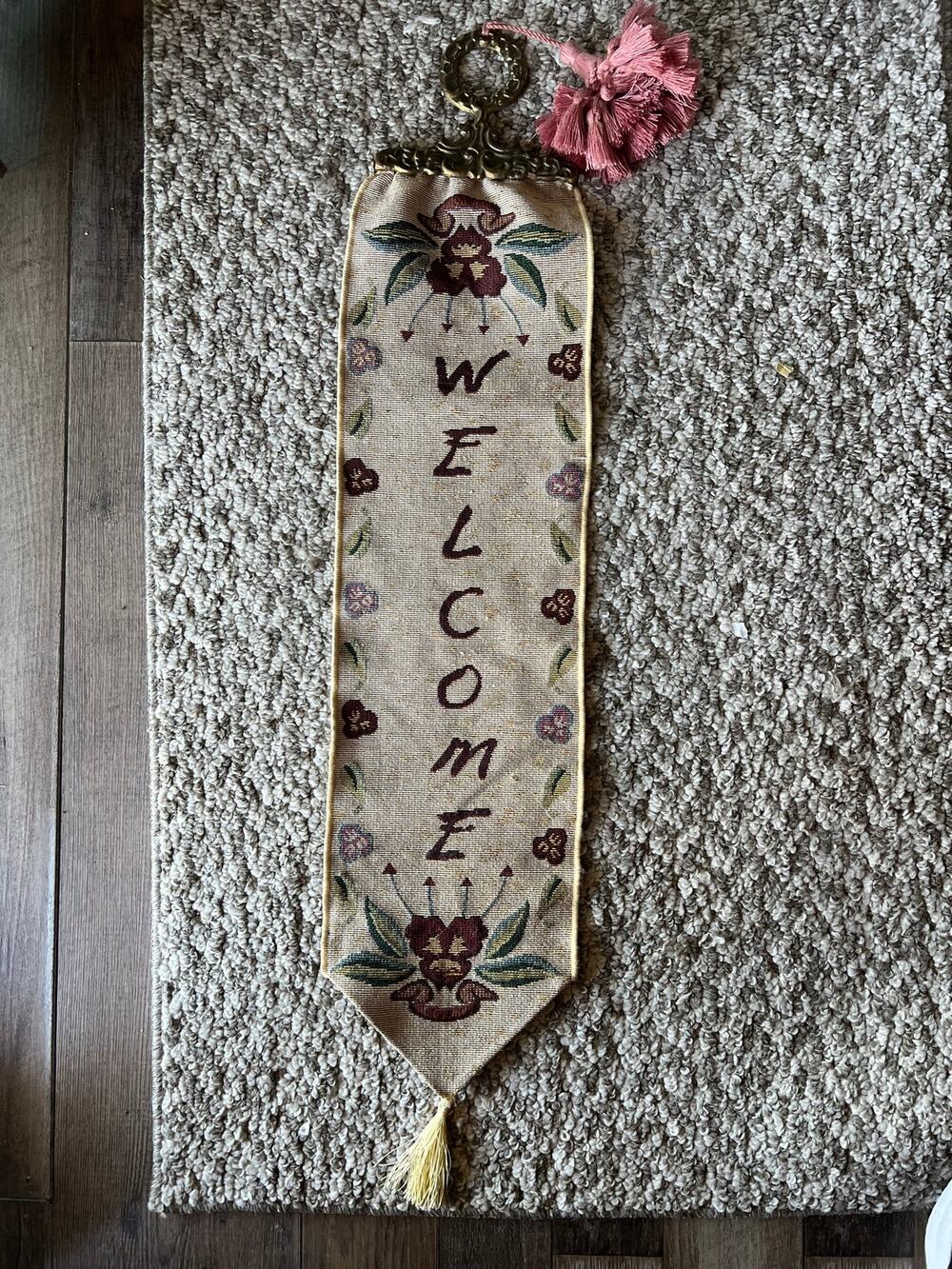 Vintage Brass Tapestry Hanger Woven Welcome Wool Floral Wall Hanging Pink Tassel